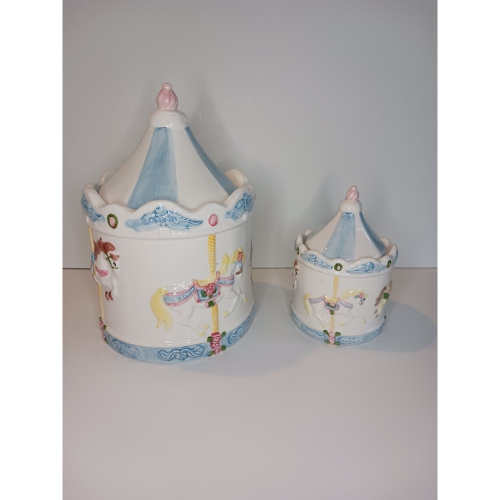 Set Of Two Ceramic Carousel Cookie Jar W/Lids